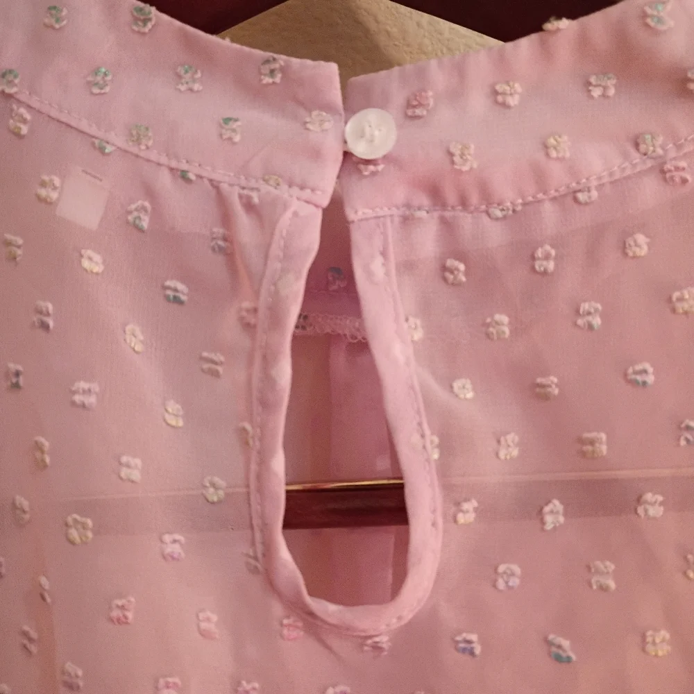Pink Sheer Chiffon Clip Dot Mock Neck Long Sleeve Blouse - Picture 5 of 13